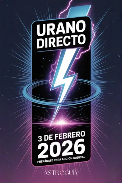 Diseño gráfico vibrante y eléctrico en formato vertical. Fondo degradado azul oscuro y morado con chispas de neón. En el centro, un rayo azul brillante impactando con fuerza. Texto grande y llamativo: "URANO DIRECTO - 3 de Febrero 2026". Texto inferior: "Prepárate para Acción Radical". Estética moderna y disruptiva de AstroGuía.
