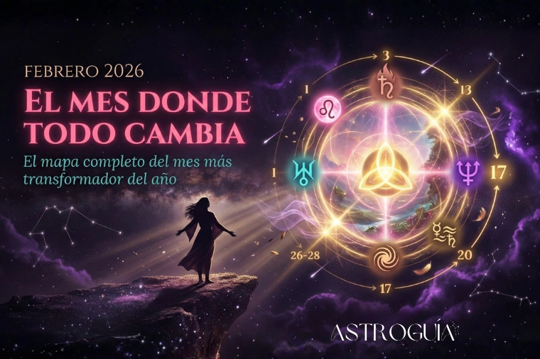 Ilustración cósmica cinemática de una mujer silueteada parada al borde de un abismo, mirando hacia un inmenso portal de luz dorada y geometría sagrada. El portal marca las fechas astrológicas clave de Febrero 2026: Eclipse Solar, Saturno en Aries y la triple conjunción. Texto superpuesto: 'Febrero 2026: El mes donde todo cambia'. Arte conceptual para AstroGuía Para Ti.