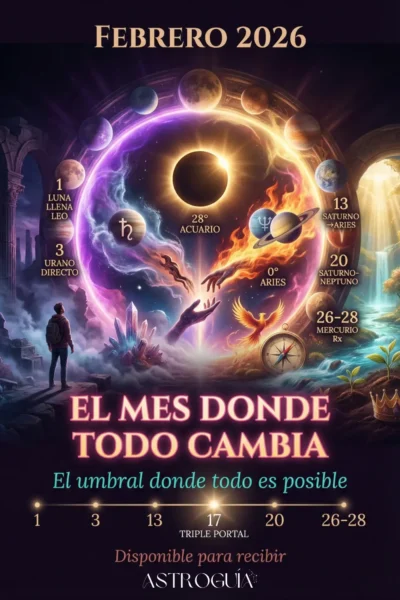 Infografía vertical del calendario astrológico de Febrero 2026. Diseño de portal cósmico que muestra la línea de tiempo de eventos mayores: Luna Llena en Leo (día 1), Urano Directo (día 3), Ingreso de Saturno en Aries (día 13) y el Triple Portal del día 17. Texto central: 'El mes donde todo cambia'. Material visual de AstroGuía.