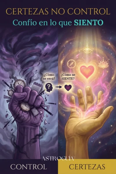 Ilustración conceptual de desarrollo personal titulada 'Certezas no Control'. A la izquierda (fondo oscuro), un puño cerrado aferrándose a relojes y calendarios bajo una tormenta, representando el miedo y la pregunta '¿Cómo se verá?'. A la derecha (fondo dorado), una mano abierta recibiendo luz y símbolos del corazón, representando la intuición y la pregunta '¿Cómo se siente?'. Texto: 'Confío en lo que siento'.