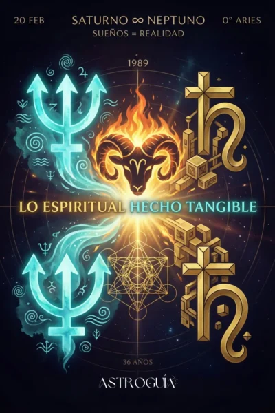 Gráfico astrológico de la Gran Conjunción Saturno-Neptuno del 20 de Febrero 2026 a 0° de Aries. Ilustración dividida: a la izquierda, el tridente de Neptuno en azul fluido (lo espiritual); a la derecha, el símbolo de Saturno en dorado geométrico (lo tangible). En el centro, un carnero de fuego fusiona ambas energías. Texto central: 'Lo Espiritual Hecho Tangible' y 'Sueños = Realidad'. Menciona el ciclo histórico de 1989.
