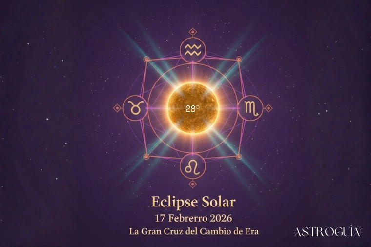 Ilustración mística de un eclipse solar anular en el grado 28 de Acuario con geometría sagrada de la Gran Cruz Fija y símbolos de Leo, Tauro y Escorpio en tonos dorados y púrpuras.