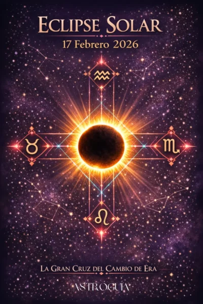 Representación mística del eclipse solar del 17 de febrero de 2026 en Acuario, destacando la geometría sagrada de la Gran Cruz Fija con los signos de Tauro, Leo y Escorpio en un cielo estrellado púrpura y dorado.