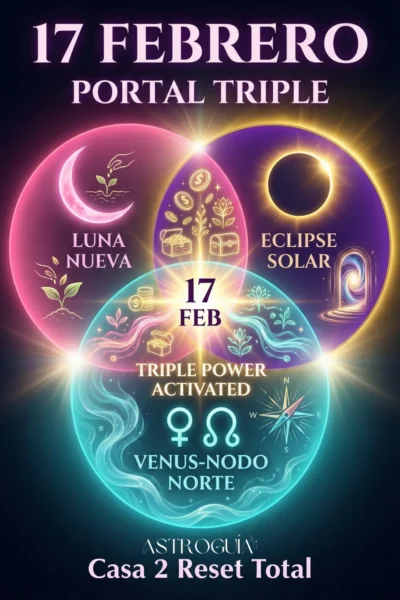 Infografía de AstroGuía detallando el 'Portal Triple' del 17 de Febrero 2026. Gráfico de tres esferas conectadas que muestra la convergencia de: 1) Luna Nueva (siembra), 2) Eclipse Solar (cambio de destino) y 3) Venus con el Nodo Norte (apertura de caminos). Texto inferior: 'Casa 2 Reset Total'. Ideal para entender la energía de manifestación y recursos.