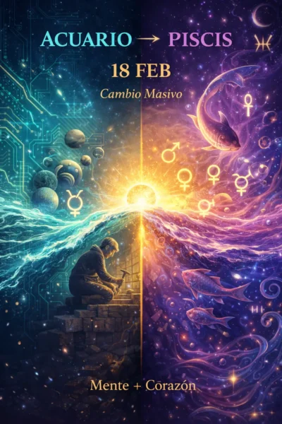 Ilustración artística de la transición astrológica del 18 de Febrero 2026. A la izquierda, la energía de Acuario representada con circuitos digitales azules y geometría mental. A la derecha, la energía de Piscis con aguas violetas, peces y símbolos espirituales. En el centro, el Sol cruzando el umbral. Texto: 'Acuario → Piscis', 'Cambio Masivo' y 'Mente + Corazón'. Material de AstroGuía.