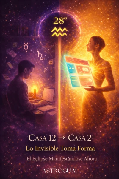 Escena dividida que muestra el paso de la Casa 12 (trabajo invisible, sombras) a la Casa 2 (manifestación visible, recursos) bajo la energía del grado 28 de Acuario.
