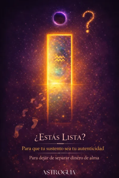 Una puerta de luz dorada con el símbolo de Acuario y huellas de pies en un fondo cósmico, representando el umbral hacia una nueva forma de generar sustento.