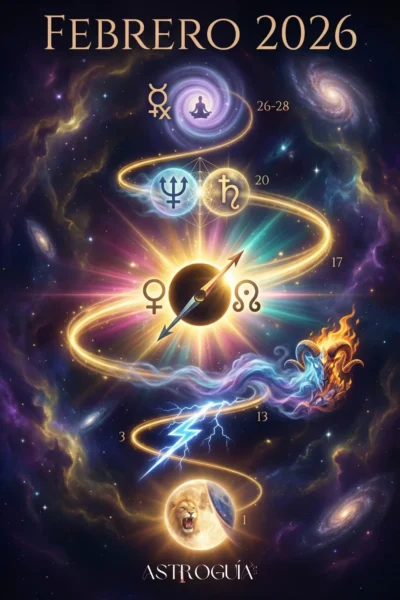 Póster astrológico de Febrero 2026 titulado 'El mes donde todo cambia'. Ilustración de un portal cósmico con un eclipse solar central y manos entrelazándose. Muestra fechas clave: 1 Luna Llena en Leo, 3 Urano Directo, 13 Saturno en Aries y 20 conjunción Saturno-Neptuno. Elementos simbólicos: un fénix de fuego, una brújula y cristales. En el pie de foto: 'Disponible para recibir'