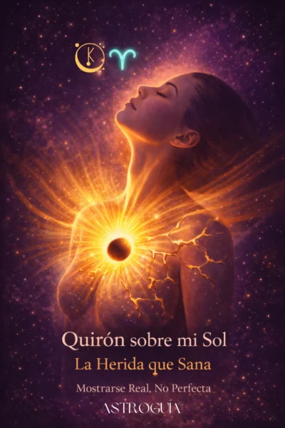 Ilustración espiritual de una mujer con luz dorada emanando de su pecho en forma de grietas de kintsugi, con los símbolos de Quirón y Aries en el cielo estrellado.