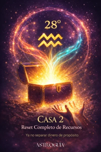 Cofre del tesoro abierto emanando energía luminosa con el símbolo de Acuario y el grado 28, simbolizando un reset de recursos en la Casa 2.