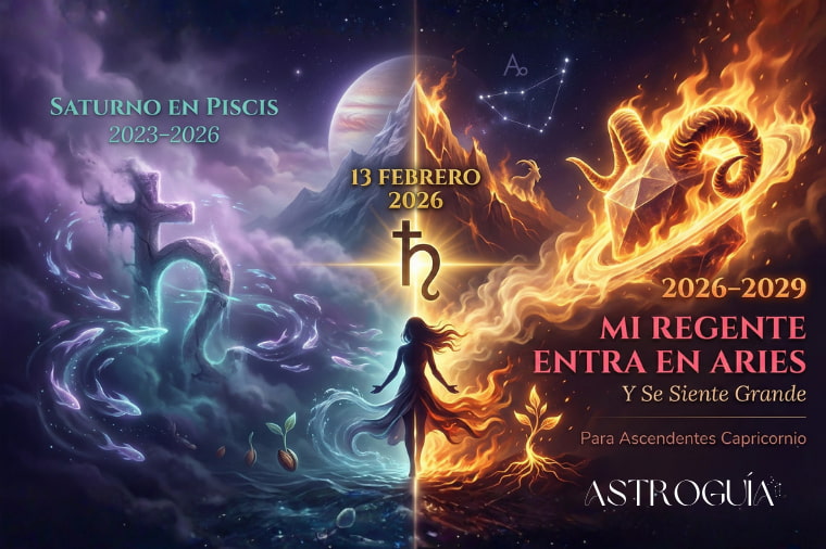 Ilustración astrológica del tránsito de Saturno: a la izquierda, el planeta se disuelve en las aguas de Piscis (fin de ciclo); a la derecha, Saturno se enciende en fuego y estructura al entrar en Aries. Una silueta femenina cruza el umbral del 13 de febrero de 2026, representando el empoderamiento del Ascendente Capricornio. Texto: 'Mi Regente entra en Aries y se siente grande'.