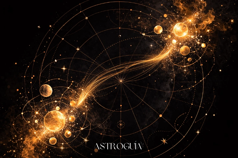 Carta natal estilizada con dos concentraciones de planetas en casas opuestas representando la tensión entre raíces y misión