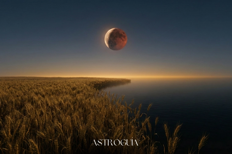 Eclipse lunar en Virgo 2026 sobre campo de trigo dorado que se transforma en agua oscura bajo cielo nocturno