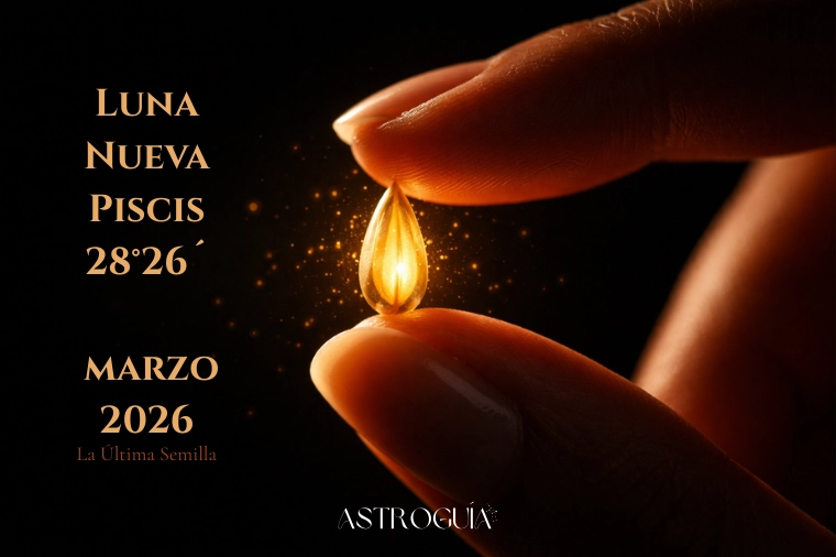 Luna nueva en Piscis 2026 representada como semilla dorada luminosa hundiéndose en agua oscura profunda