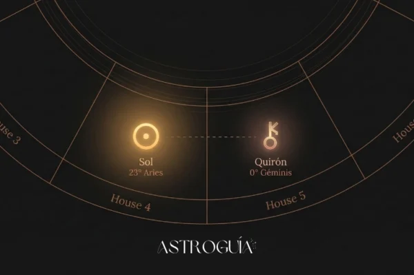 Detalle de carta natal mostrando Quirón a 0 grados de Géminis en casa 5 y Sol a 23 grados de Aries en casa 4