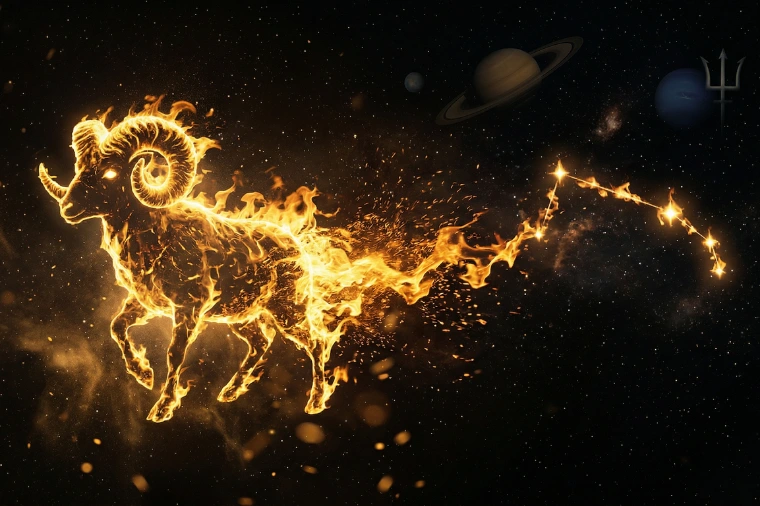 Carnero de Aries hecho de llamas doradas con símbolos de Marte Neptuno Saturno y Quirón