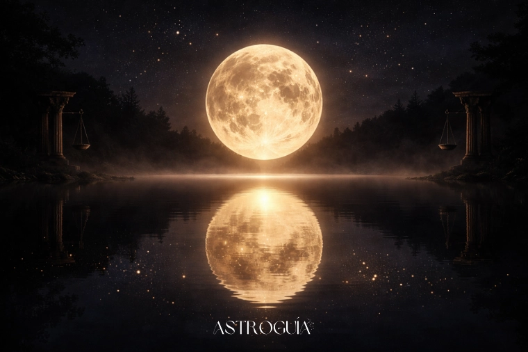 Luna llena dorada reflejada en lago sereno con columnas y símbolo de Libra en el reflejo