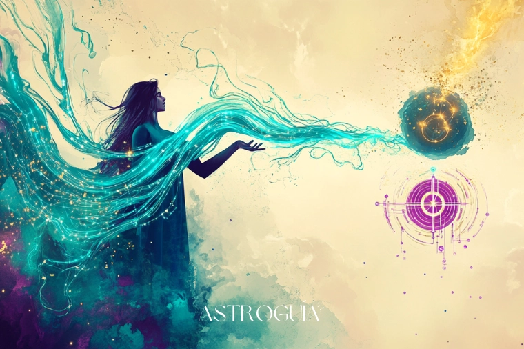 Mujer visionaria vertiendo ríos de luz líquida desde un recipiente celestial — Acuario en AstroGuía Para Ti
