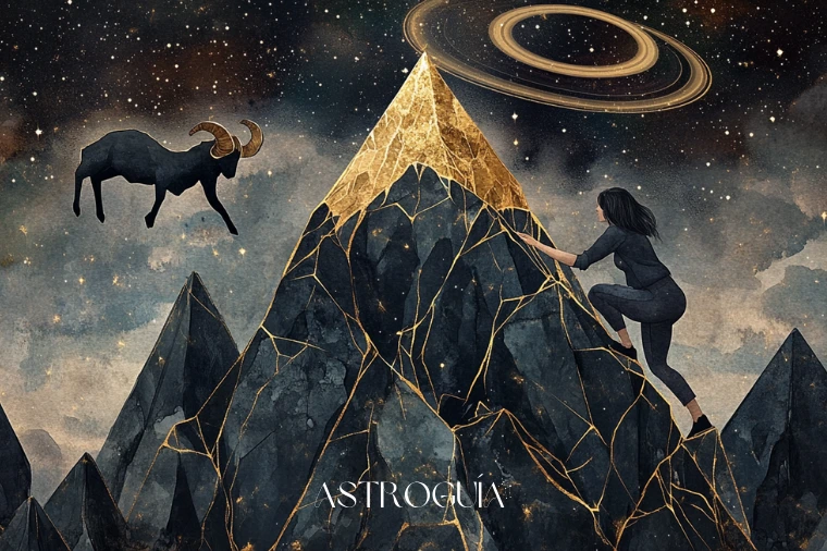 Mujer determinada escalando una montaña cristalina de piedra oscura y vetas de oro — Capricornio en AstroGuía Para Ti