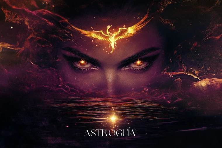 Mujer poderosa emergiendo de aguas profundas con ojos de fuego dorado y fénix de luz — Escorpio en AstroGuía Para Ti