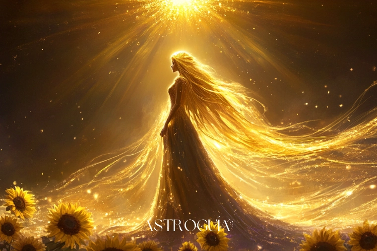 Mujer majestuosa con cabello dorado transformándose en melena de león de luz — Leo en AstroGuía Para Ti