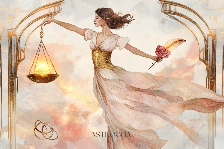 Mujer elegante en equilibrio sobre una balanza celestial dorada con rosa y pluma — Libra en AstroGuía Para Ti
