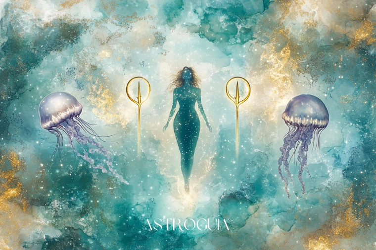 Mujer soñadora flotando en un océano cósmico entre dos peces de luz estelar — Piscis en AstroGuía Para Ti