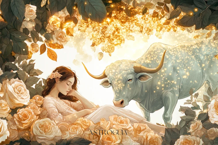 Mujer serena en un jardín encantado con toro celestial de luz estelar — Tauro en AstroGuía Para Ti