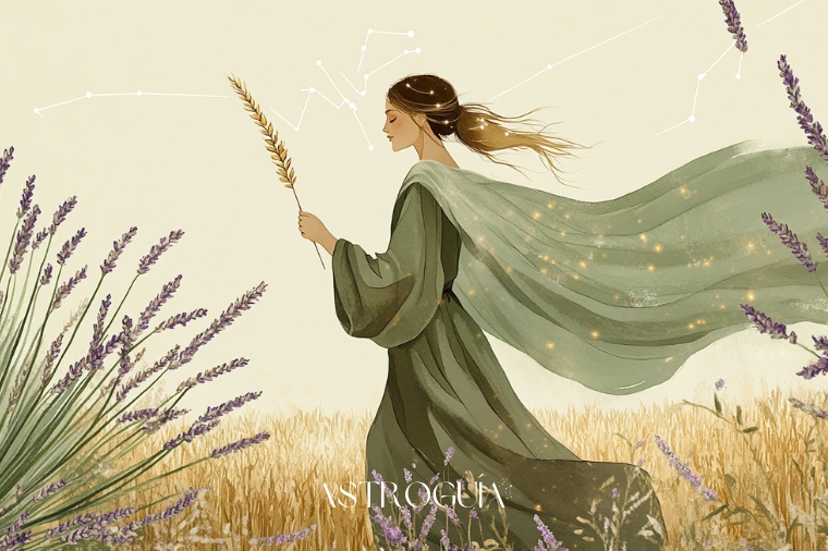 Mujer elegante caminando por un campo de trigo y lavanda a la hora dorada — Virgo en AstroGuía Para Ti