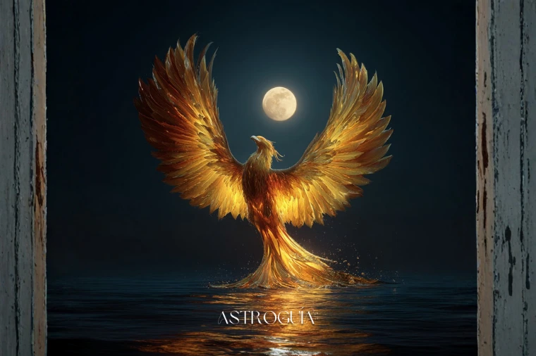 Ilustración digital de un fénix de luz dorada emergiendo de un océano oscuro bajo la luna llena, que simboliza el renacimiento espiritual, la sanación y la transformación emocional desde las profundidades.