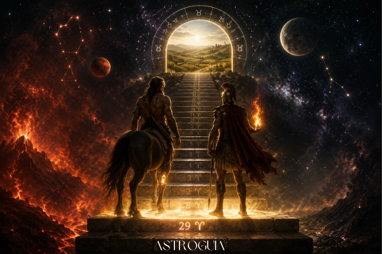Escalera de piedra cósmica con Quirón y Marte en el grado final 29 de Aries frente al umbral luminoso de Tauro