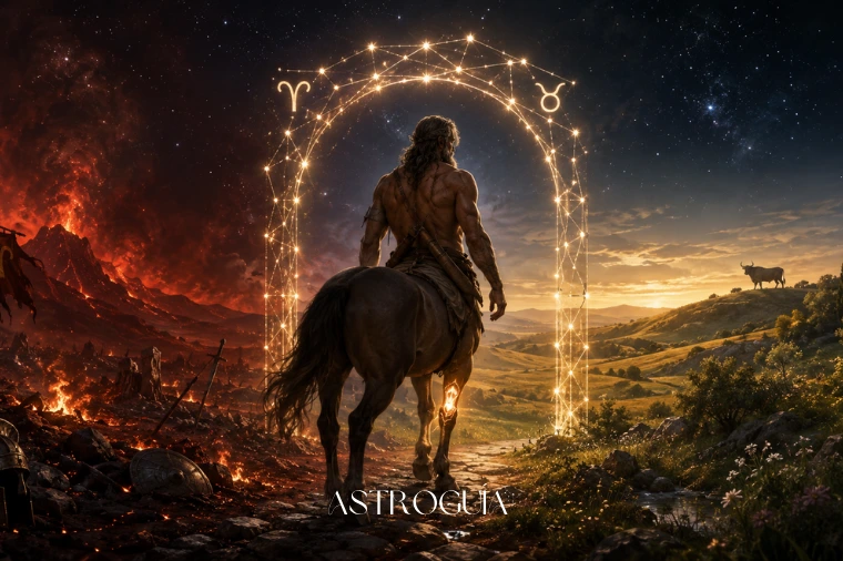 Quirón centauro cruzando umbral entre la tierra de Aries y la tierra fértil de Tauro con herida dorada en la rodilla