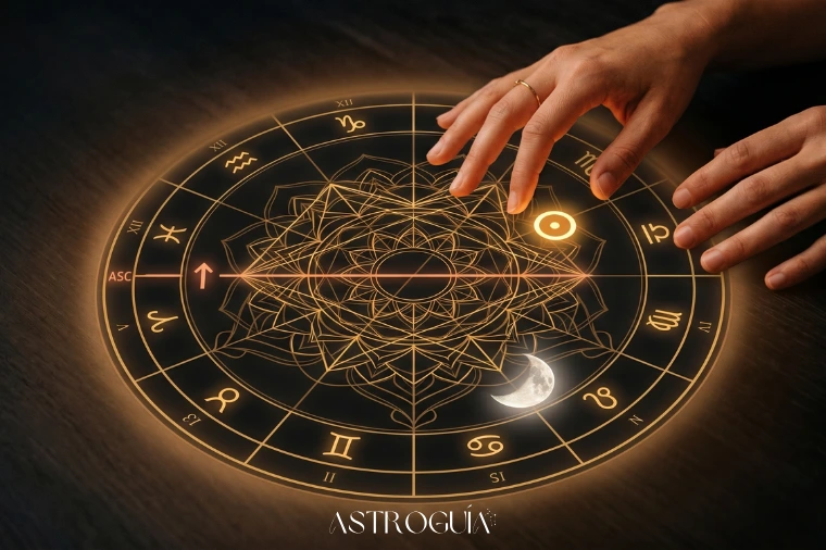 Carta natal astrológica dorada con manos descubriendo los puntos de Sol Luna y Ascendente