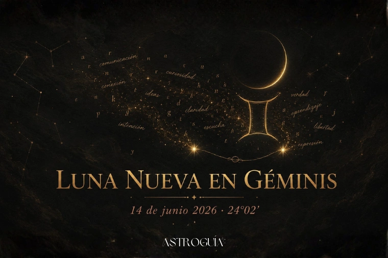 Luna nueva en Géminis junio 2026 — ilustración dorada del glifo de Géminis con luna creciente sobre fondo oscuro elegante