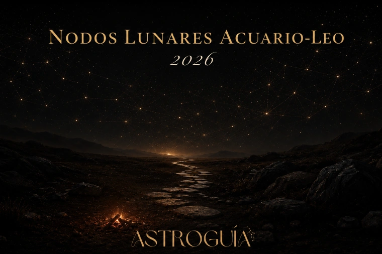Nodos lunares 2026 — Nodo Norte en Acuario y Nodo Sur en Leo, camino de piedras hacia un cielo de estrellas conectadas