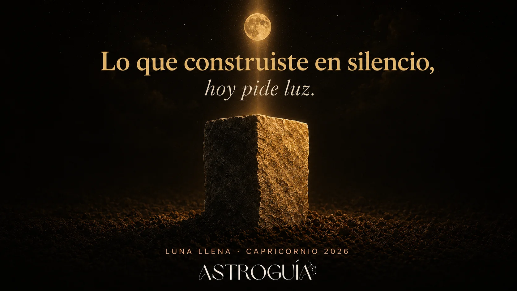 Luna Llena en Capricornio junio 2026 — piedra iluminada por luz de luna en la oscuridad