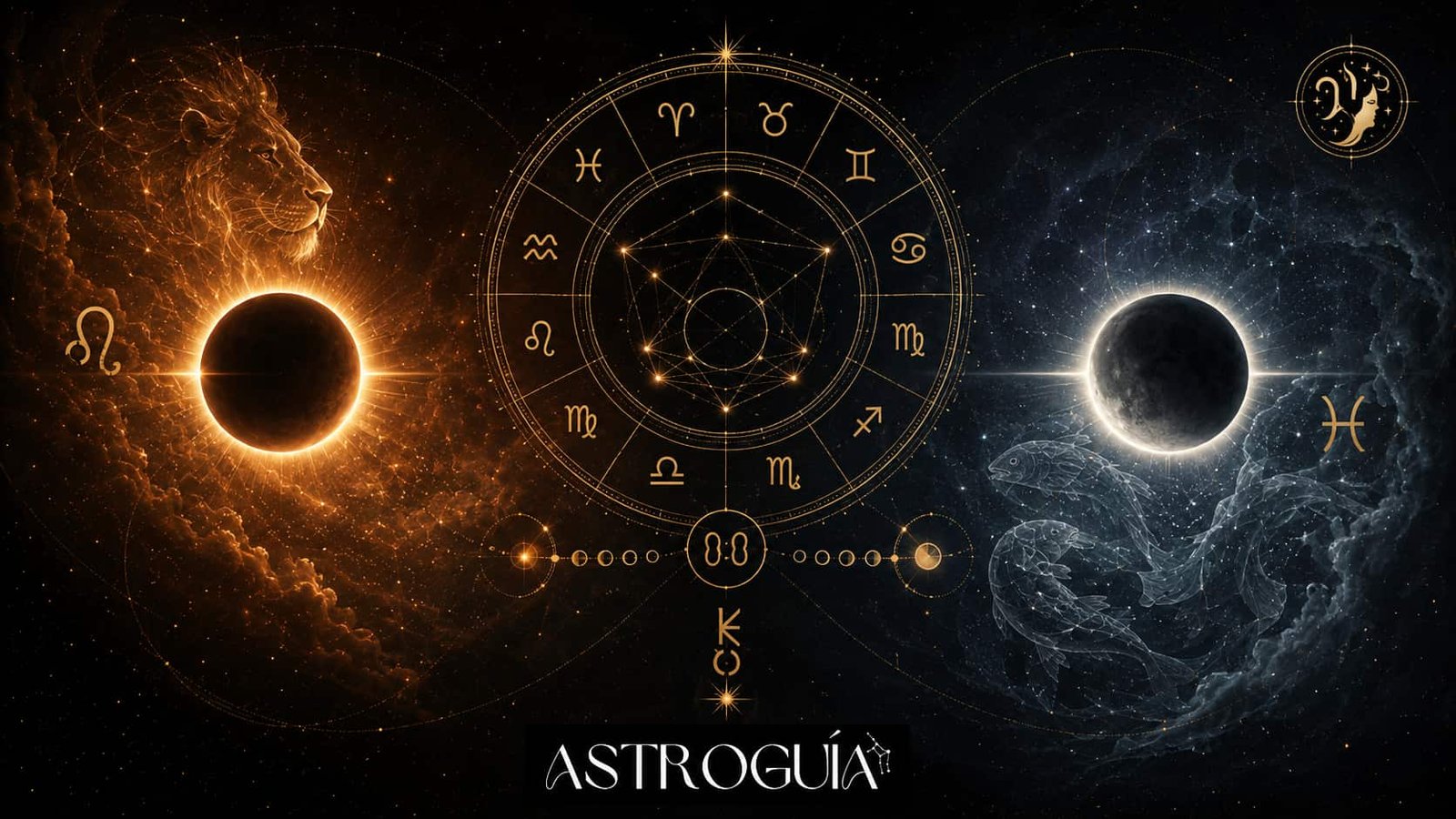 Imagen astrológica de agosto 2026 con eclipse solar en Leo, eclipse lunar en Piscis y rueda zodiacal dorada