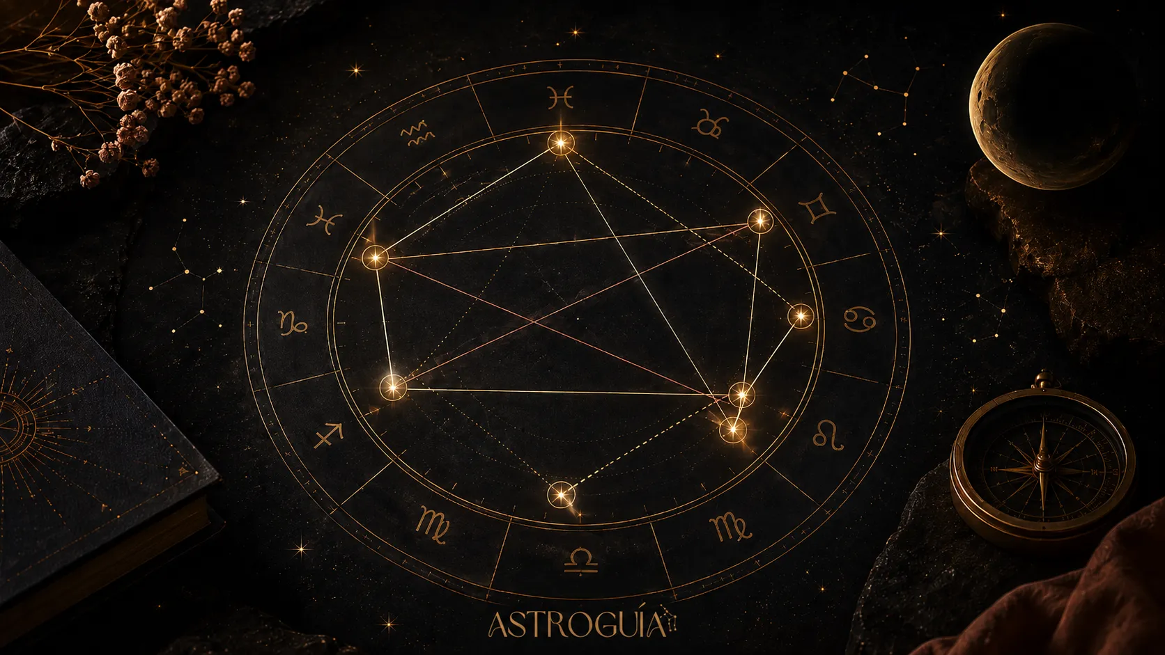 Rueda de carta natal con líneas de aspectos en astrología conectando distintos planetas