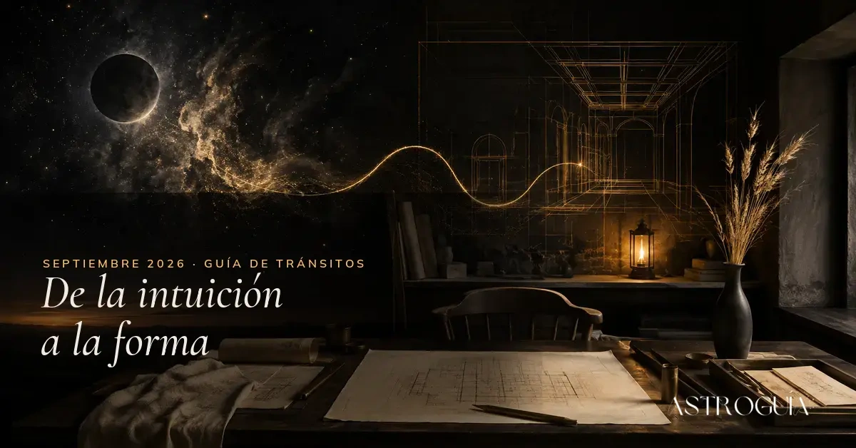 Eclipse lunar transformándose en boceto arquitectónico dorado — tránsitos astrológicos septiembre 2026