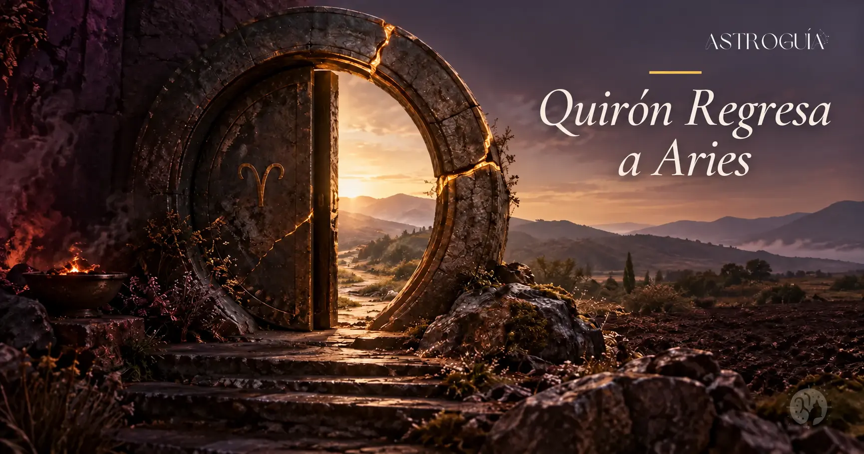 Portal de piedra con grietas doradas y símbolo de Aries, junto al título «Quirón Regresa a Aries».