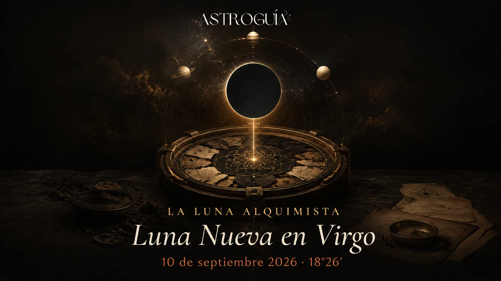 Luna Nueva en Virgo del 10 de septiembre de 2026 a 18°26′, representada como una Luna alquimista sobre un instrumento celeste dorado, con el logo de AstroGuía.